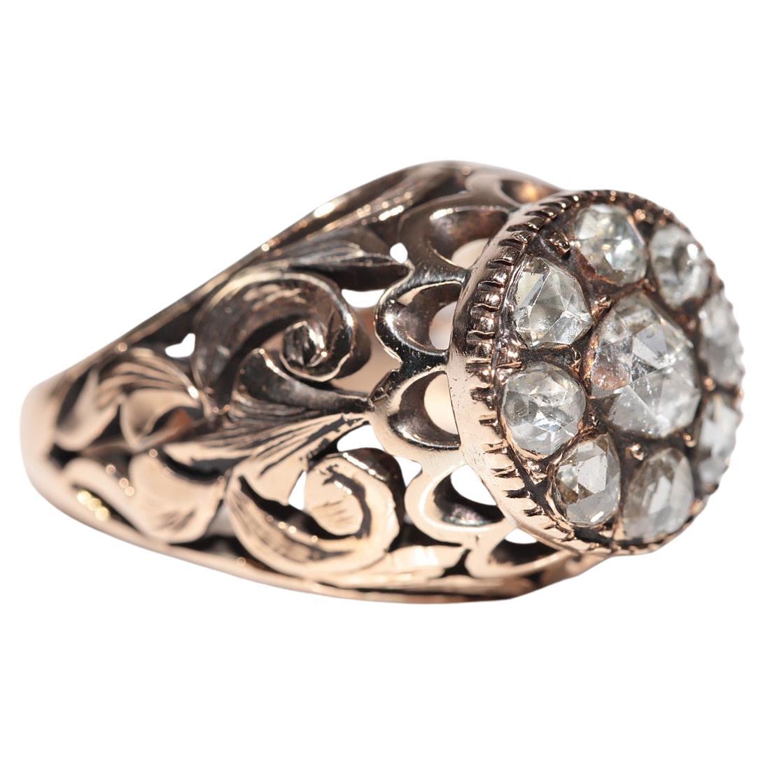 Bague solide fabriquée à la main en or 14 carats avec diamants naturels taille rose, datant des années 1900