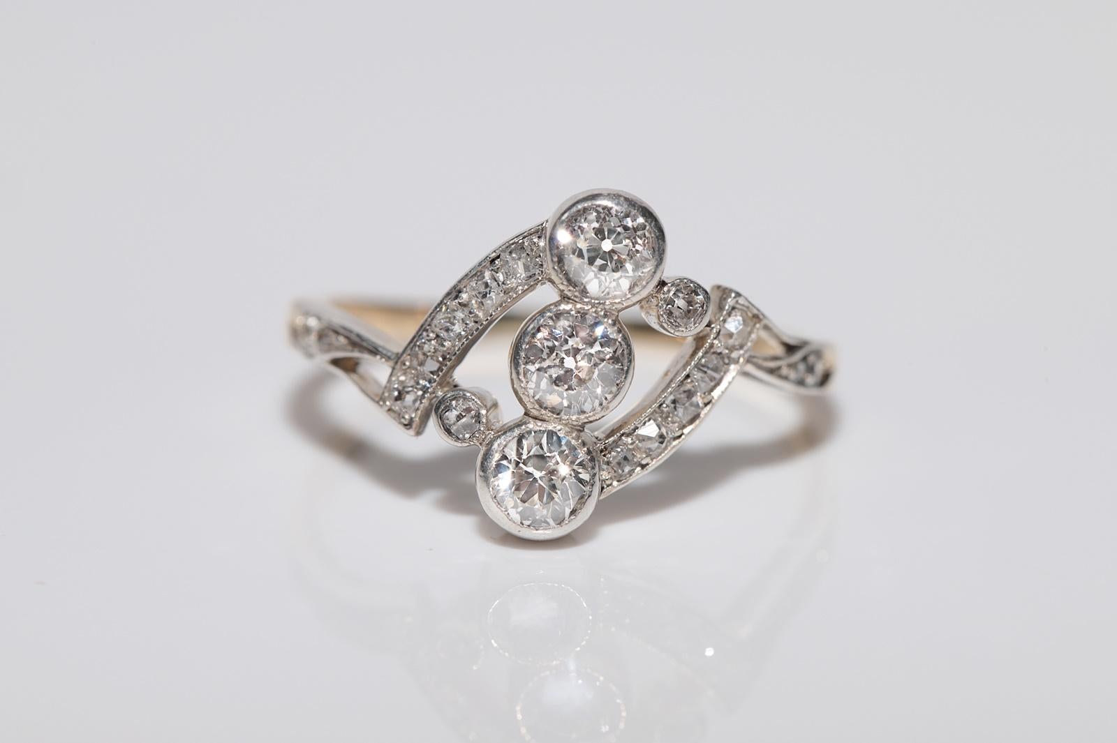 Taille vieille mine Ancien fabriqué à la main vers 1900  14k Gold Top Silver  Bague en diamant naturel en vente