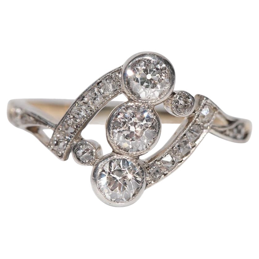 Ancien fabriqué à la main vers 1900  14k Gold Top Silver  Bague en diamant naturel en vente