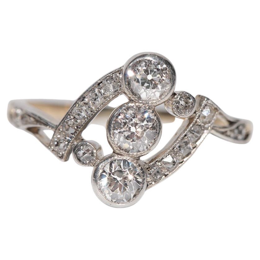 Antiguo Circa 1900 Artesanal  Oro de 14 quilates Top Silver  Anillo de diamante natural