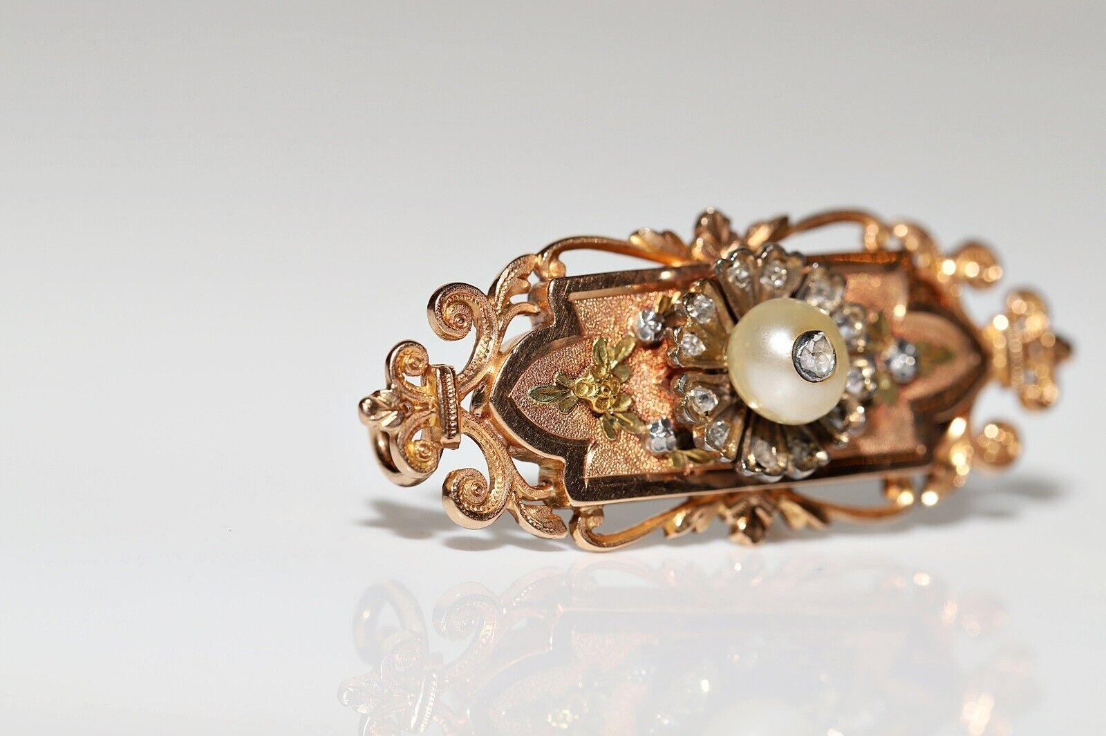 Antique Circa 1900s Handcrafted 18k Gold Natural Diamond And Pearl Brooch For Sale 2