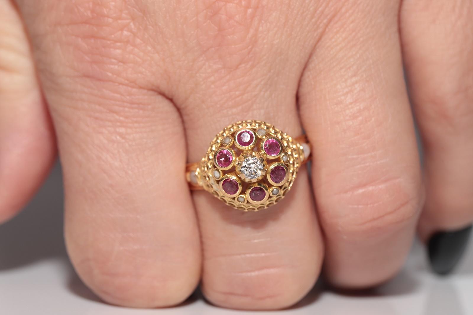Antiker handgefertigter Ring aus 18 Karat Gold mit natürlichem Diamant und Rubin und Rubin Perle, um 1900 im Angebot 10