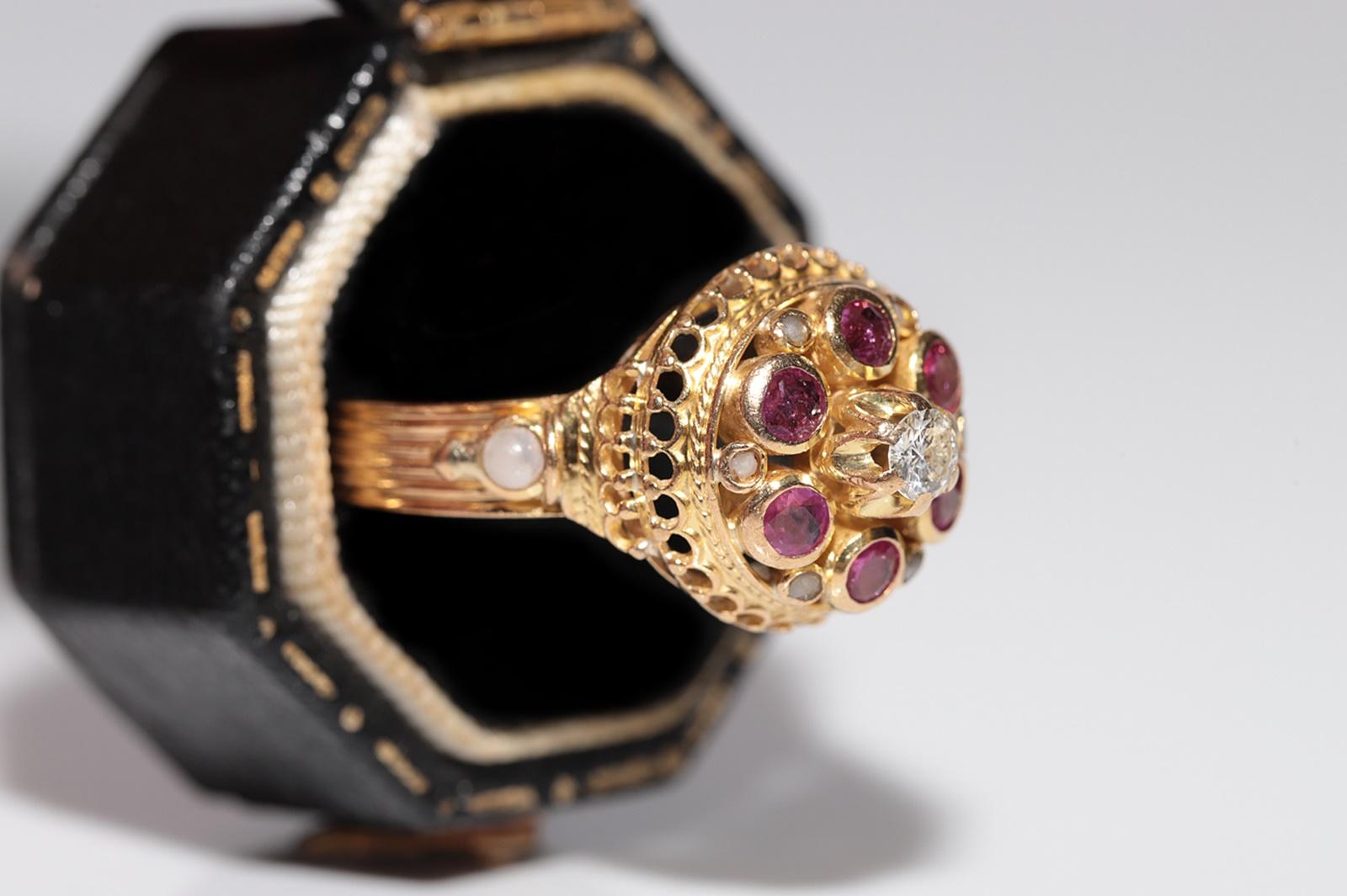 Victorian Antique Circa 1900s Handcrafted 18k Gold Natural Diamond And Ruby Pearl Ring For Sale
