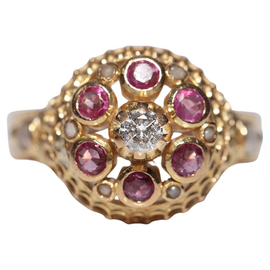 Antique Circa 1900s Handcrafted 18k Gold Natural Diamond And Ruby Pearl Ring For Sale