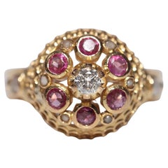 Antique Circa 1900s Handcrafted 18k Gold Natural Diamond And Ruby Pearl Ring