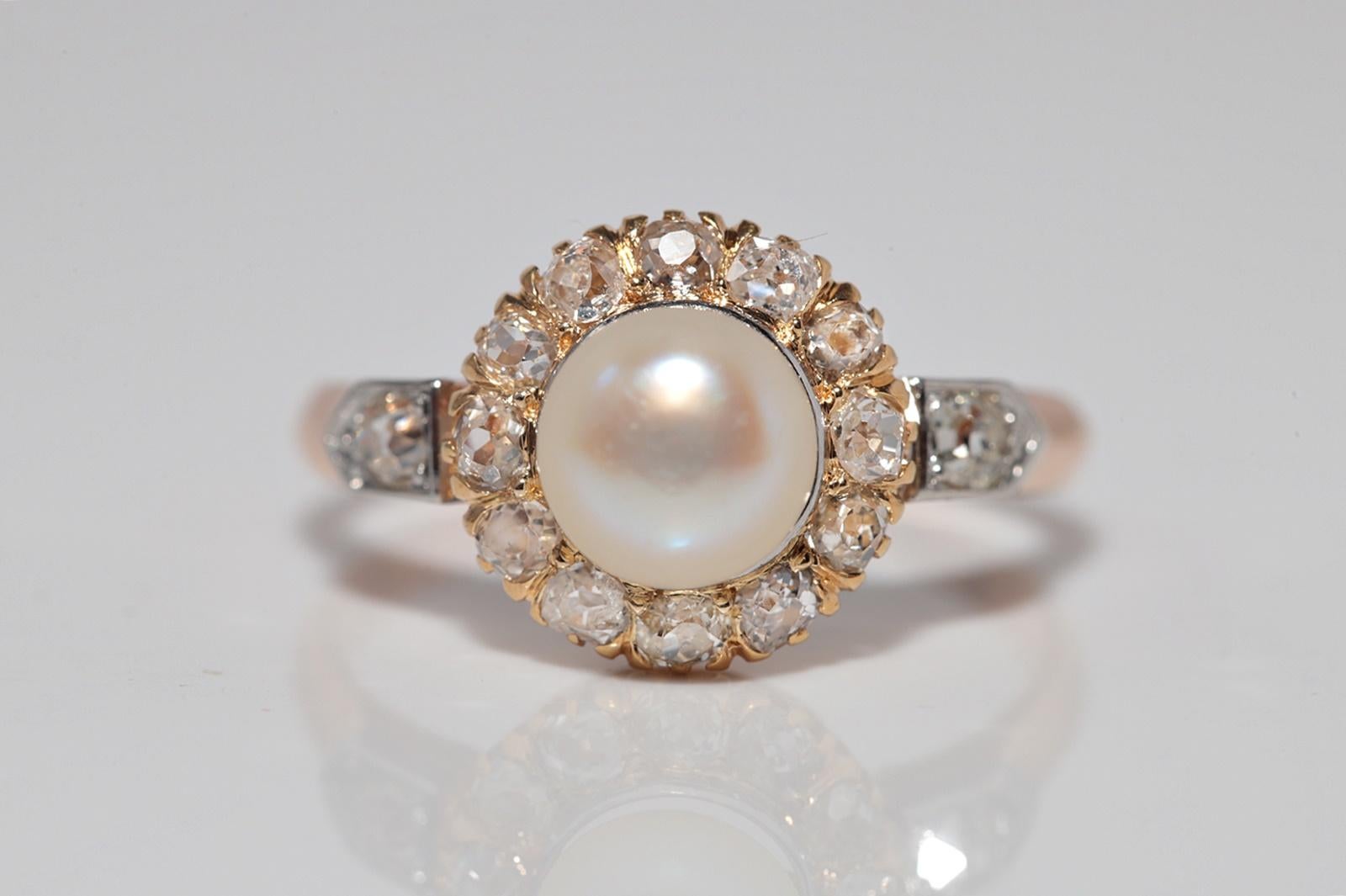 Antike CIRCA 1900s handgefertigt 18k Gold natürlichen alten Schliff Diamant und Perle Ring (Alteuropäischer Schliff) im Angebot
