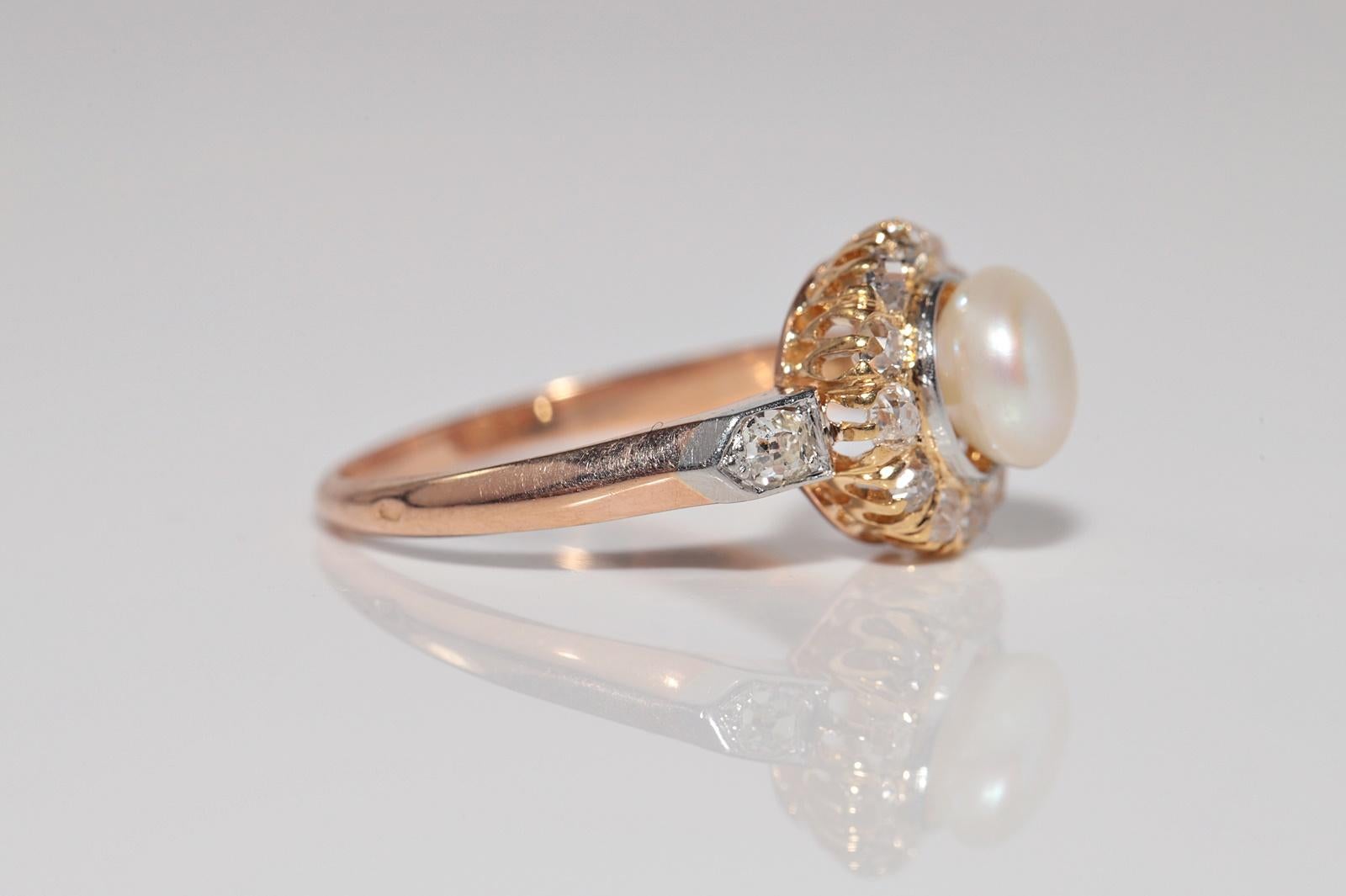 Antike CIRCA 1900s handgefertigt 18k Gold natürlichen alten Schliff Diamant und Perle Ring Damen im Angebot