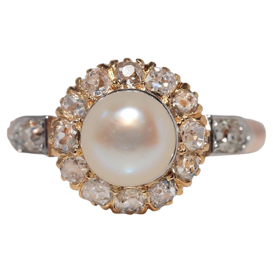 Antike CIRCA 1900s handgefertigt 18k Gold natürlichen alten Schliff Diamant und Perle Ring