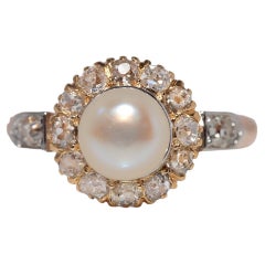 Antike CIRCA 1900s handgefertigt 18k Gold natürlichen alten Schliff Diamant und Perle Ring
