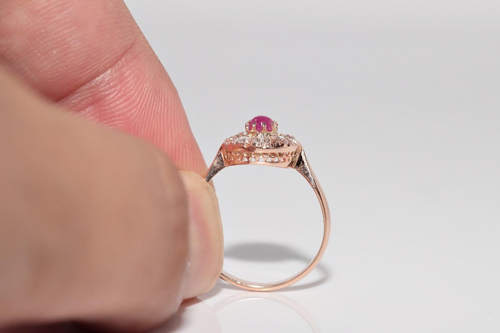 Bague ancienne en or 18k, circa 1900, faite à la main, diamant naturel taille ancienne et rubis en vente 5