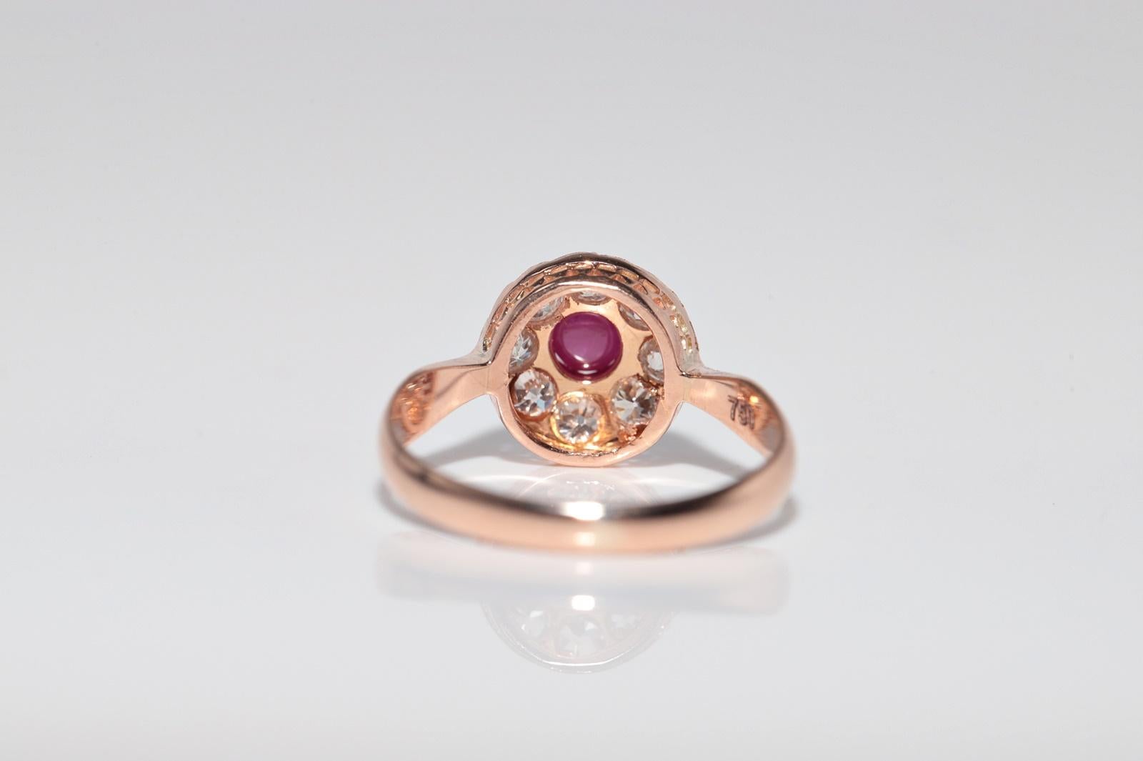 Bague ancienne en or 18k, circa 1900, faite à la main, diamant naturel taille ancienne et rubis en vente 6