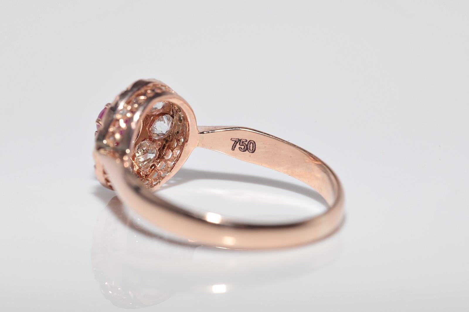 Bague ancienne en or 18k, circa 1900, faite à la main, diamant naturel taille ancienne et rubis en vente 7