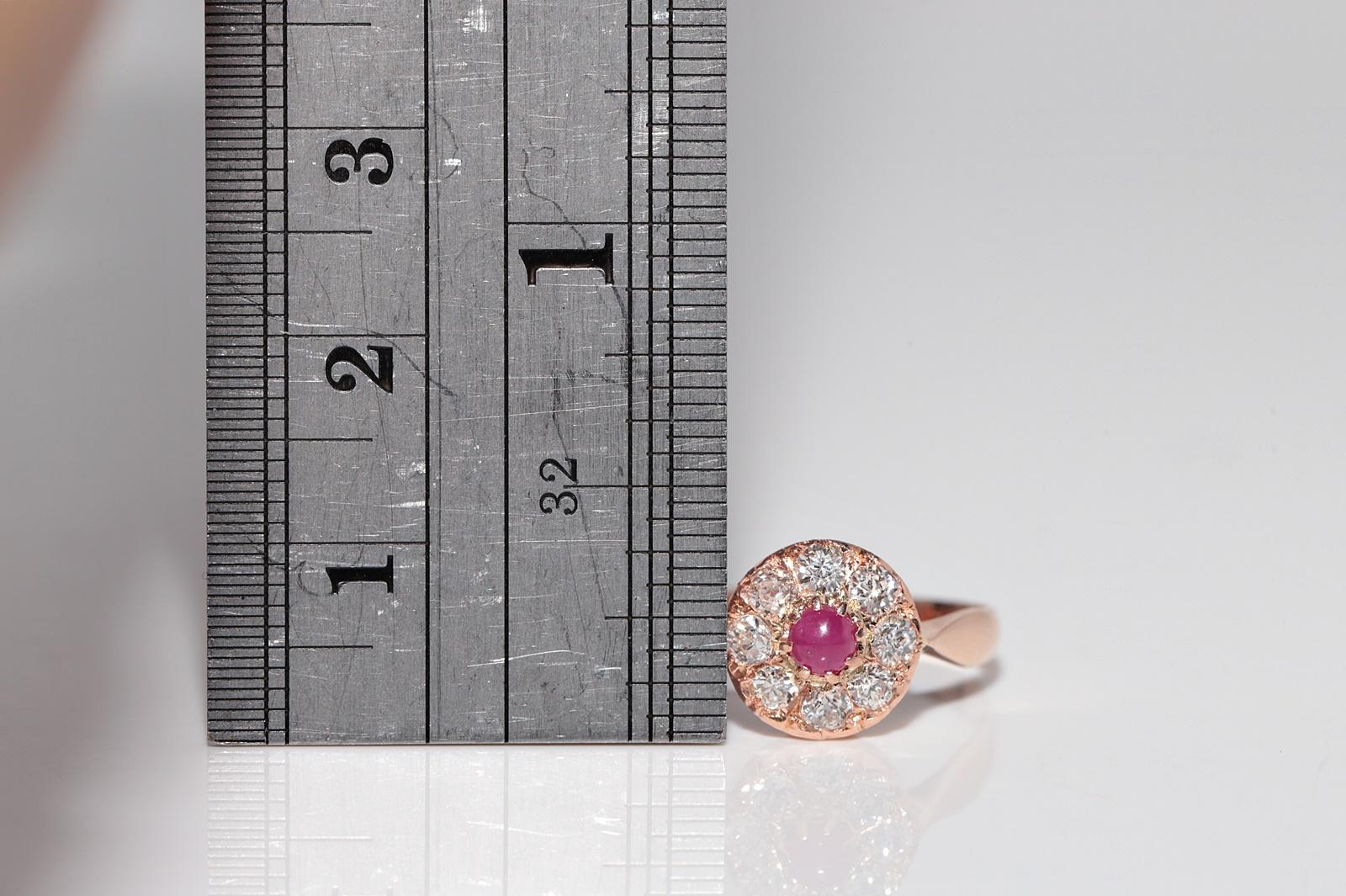 Bague ancienne en or 18k, circa 1900, faite à la main, diamant naturel taille ancienne et rubis en vente 10