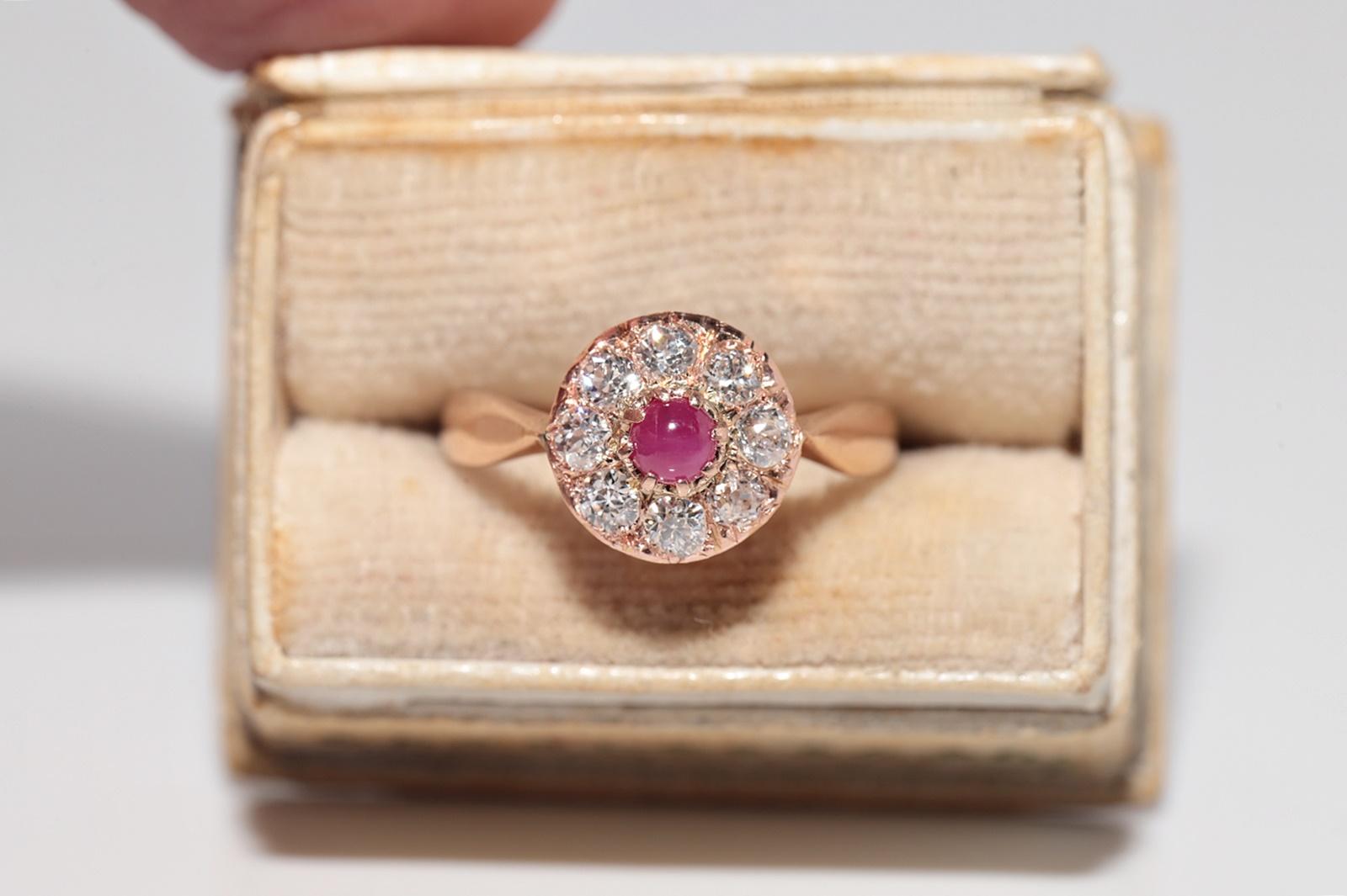 Bague ancienne en or 18k, circa 1900, faite à la main, diamant naturel taille ancienne et rubis Pour femmes en vente