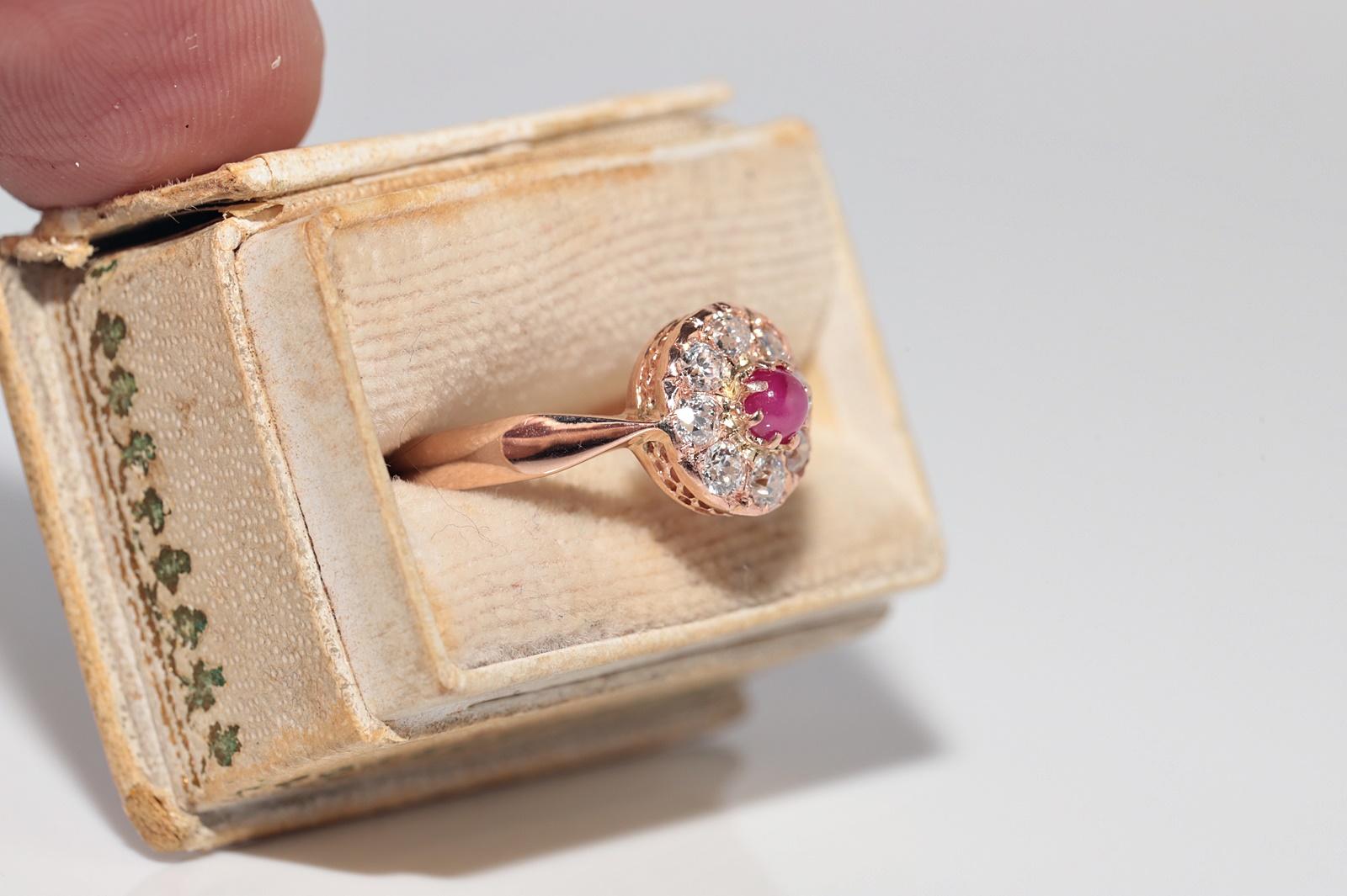 Bague ancienne en or 18k, circa 1900, faite à la main, diamant naturel taille ancienne et rubis en vente 1