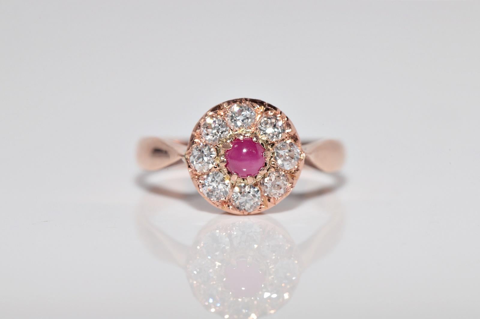 Bague ancienne en or 18k, circa 1900, faite à la main, diamant naturel taille ancienne et rubis en vente 2