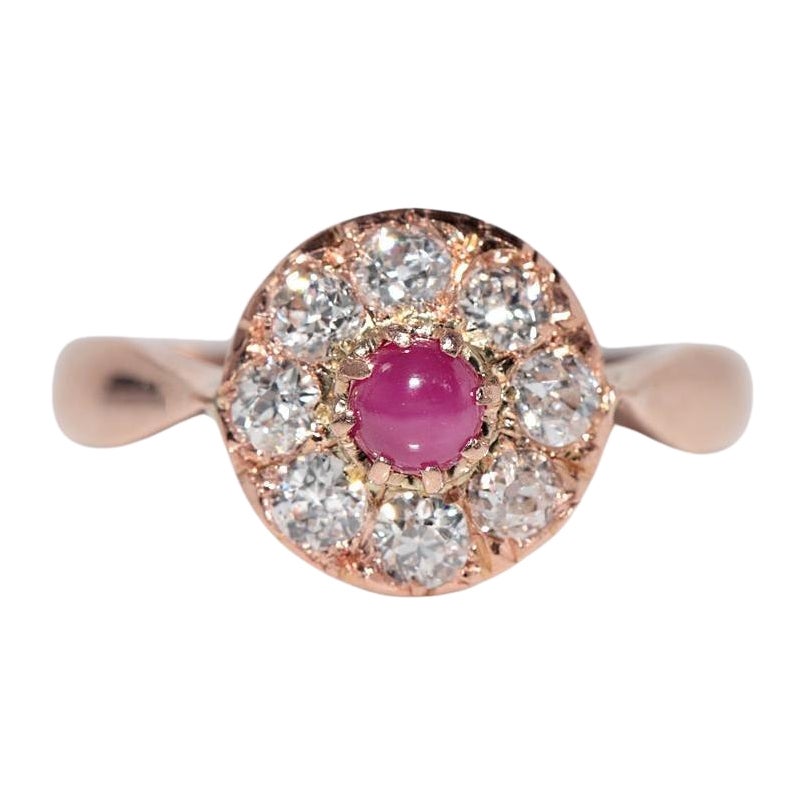 Bague ancienne en or 18k, circa 1900, faite à la main, diamant naturel taille ancienne et rubis