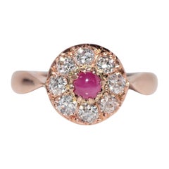 Antique Circa 1900s Handcrafted 18k Gold Natural Old Cut Diamond And Ruby Ring