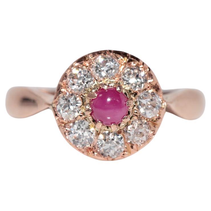 Bague ancienne en or 18k, circa 1900, faite à la main, diamant naturel taille ancienne et rubis