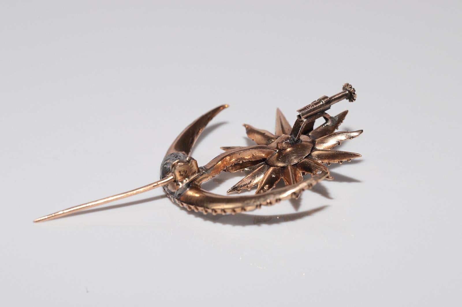 Antique Circa 1900s Handcrafted  18k Gold Natural Rose Cut Diamond Moon Brooch For Sale 10