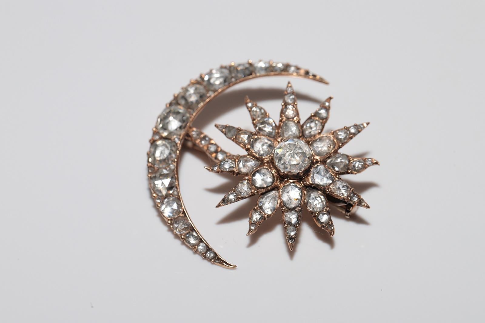 Antique Circa 1900s Handcrafted  18k Gold Natural Rose Cut Diamond Moon Brooch For Sale 11
