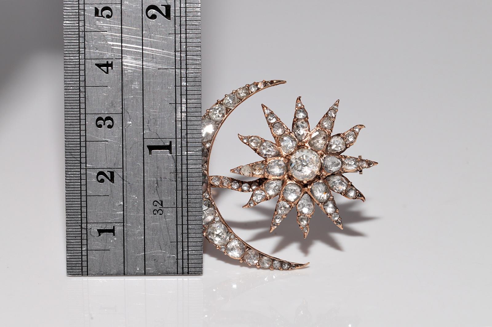 Victorian Antique Circa 1900s Handcrafted  18k Gold Natural Rose Cut Diamond Moon Brooch For Sale