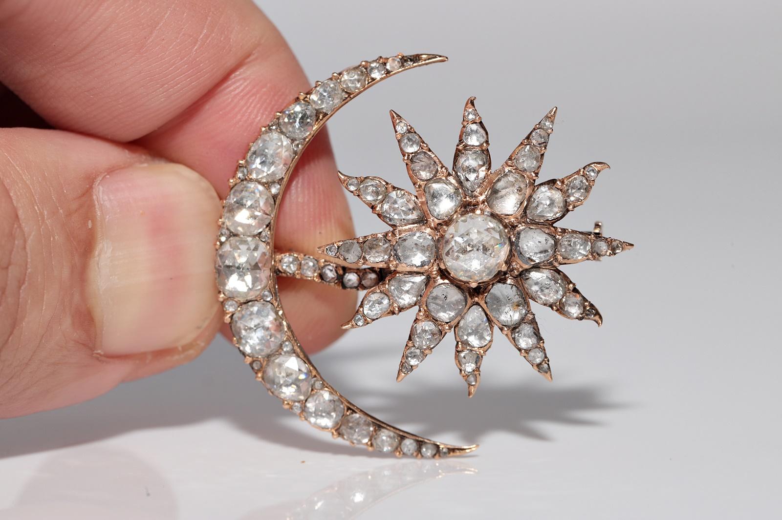 Antique Circa 1900s Handcrafted  18k Gold Natural Rose Cut Diamond Moon Brooch In Good Condition For Sale In Fatih/İstanbul, 34