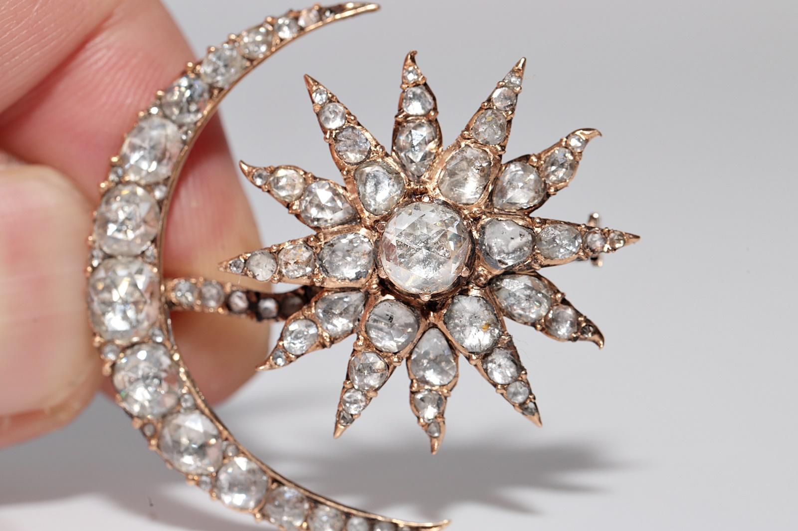 Women's Antique Circa 1900s Handcrafted  18k Gold Natural Rose Cut Diamond Moon Brooch For Sale