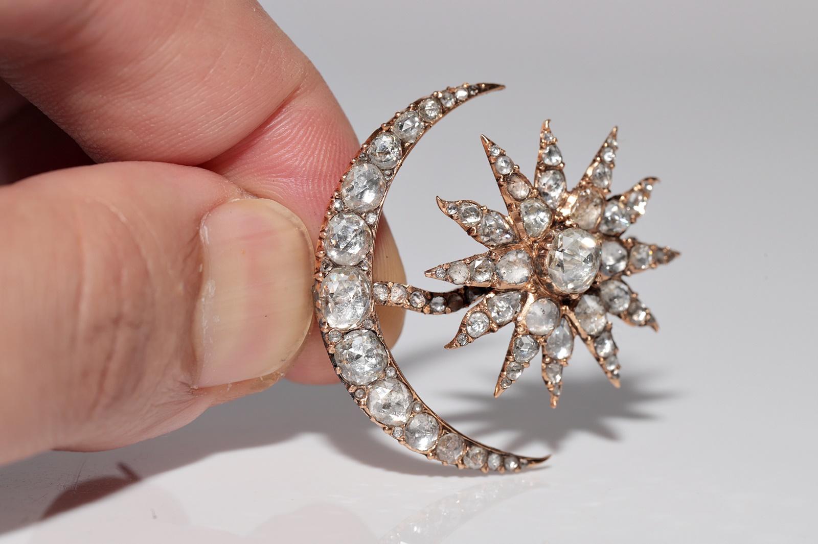 Antique Circa 1900s Handcrafted  18k Gold Natural Rose Cut Diamond Moon Brooch For Sale 1