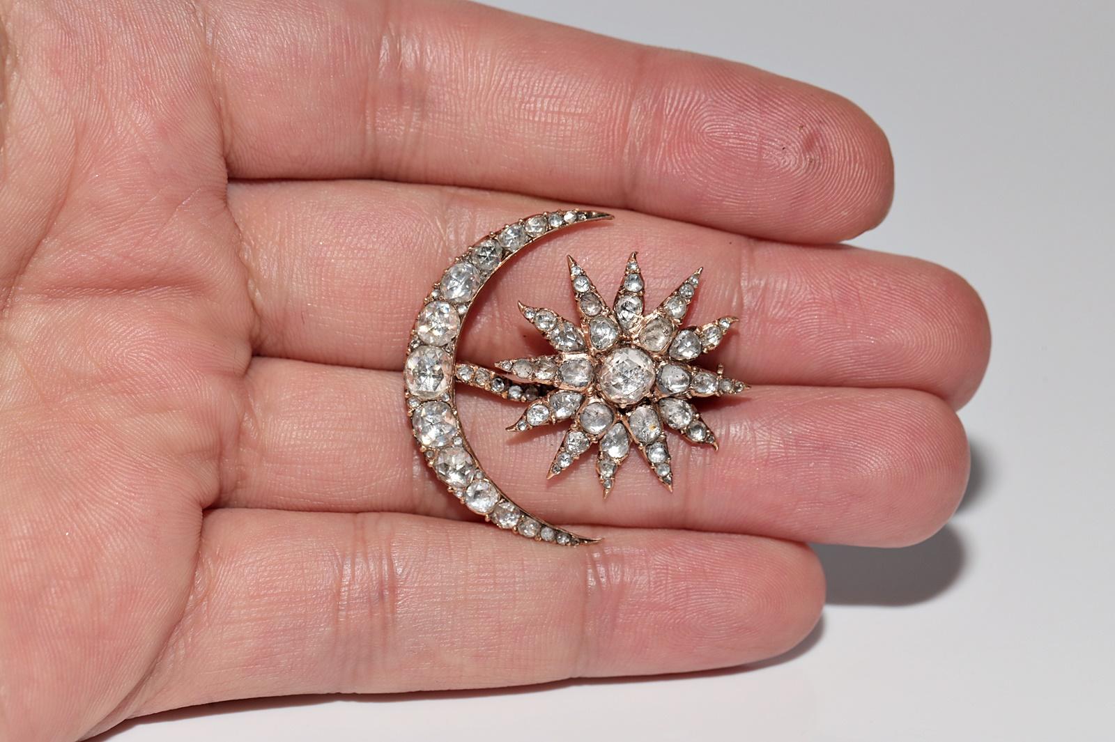 Antique Circa 1900s Handcrafted  18k Gold Natural Rose Cut Diamond Moon Brooch For Sale 2