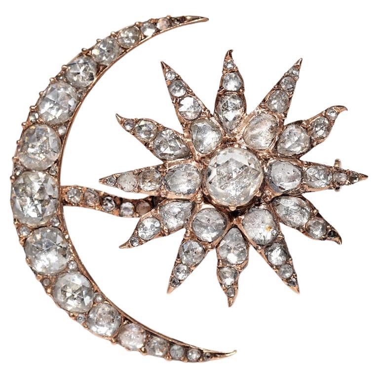 Antique Circa 1900s Handcrafted  18k Gold Natural Rose Cut Diamond Moon Brooch For Sale