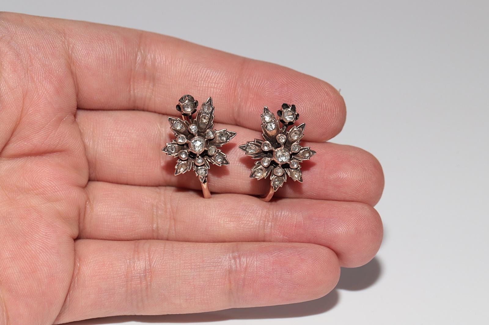 Antique Circa 1900s Handcrafted 8k Gold Natural Rose Cut Diamond Flowers Earring For Sale 4