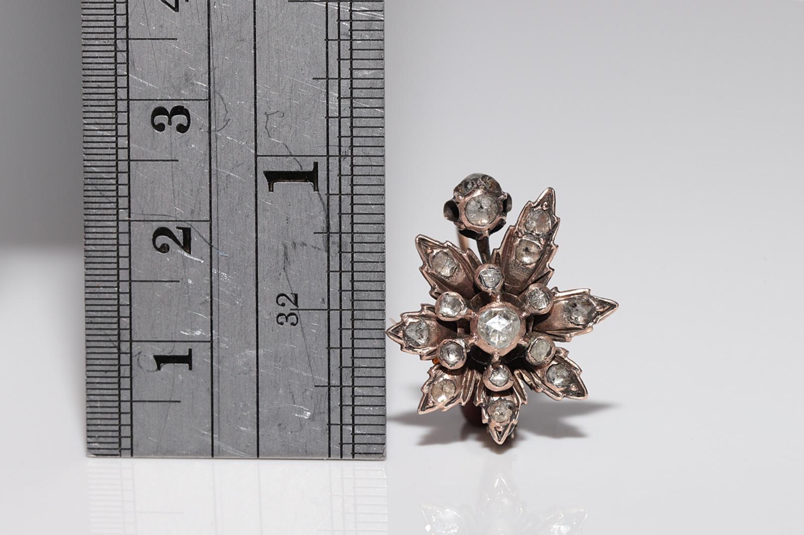 Antique Circa 1900s Handcrafted 8k Gold Natural Rose Cut Diamond Flowers Earring For Sale 6