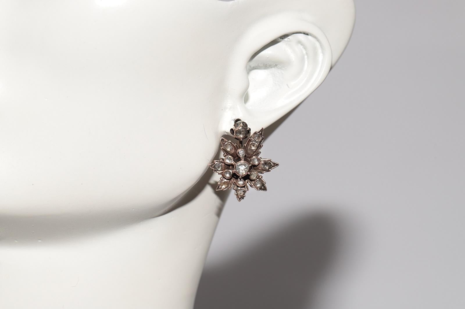Antique Circa 1900s Handcrafted 8k Gold Natural Rose Cut Diamond Flowers Earring For Sale 10