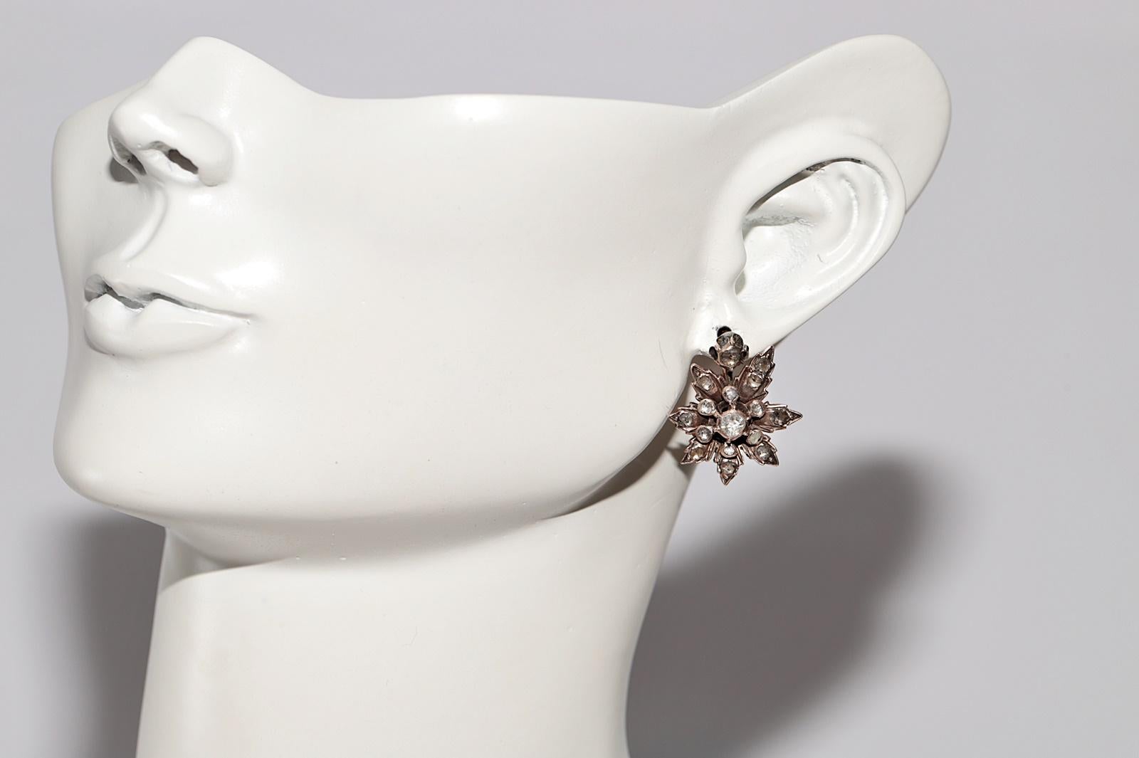 Antique Circa 1900s Handcrafted 8k Gold Natural Rose Cut Diamond Flowers Earring For Sale 11