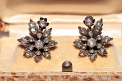 Antique Circa 1900s Handcrafted 8k Gold Natural Rose Cut Diamond Flowers Earring