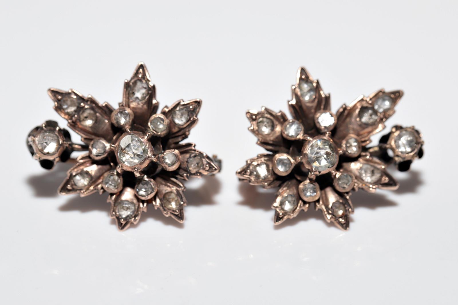 Women's Antique Circa 1900s Handcrafted 8k Gold Natural Rose Cut Diamond Flowers Earring For Sale