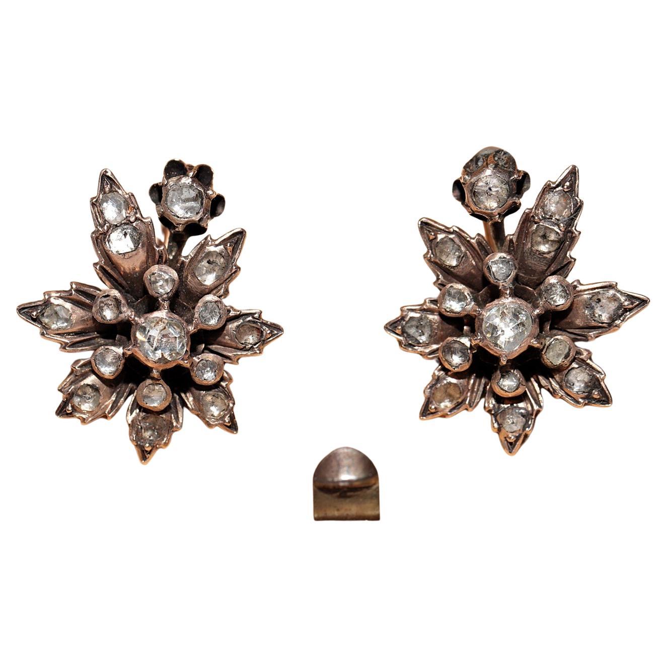 Antique Circa 1900s Handcrafted 8k Gold Natural Rose Cut Diamond Flowers Earring For Sale