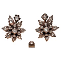 Antique Circa 1900s Handcrafted 8k Gold Natural Rose Cut Diamond Flowers Earring