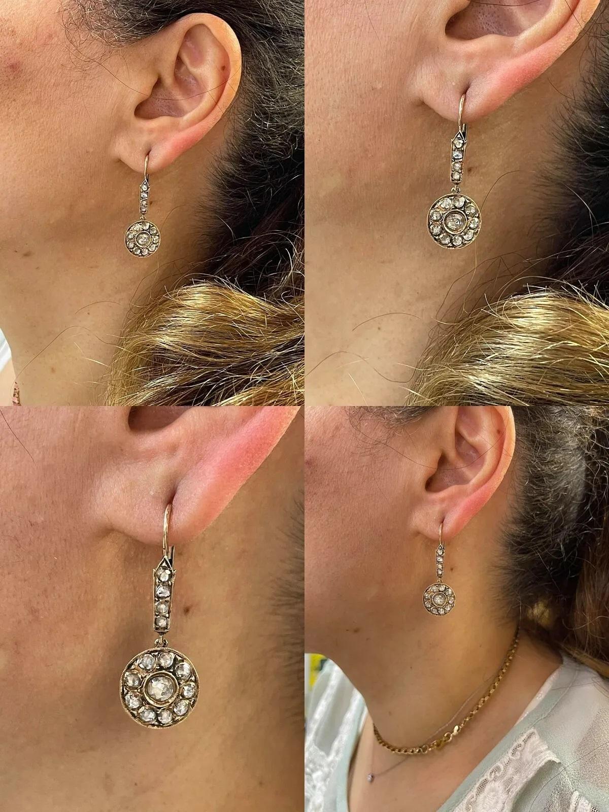Antiker handgefertigter 9k Gold-Tropfenohrring mit natürlichem Diamanten im Rosenschliff, um 1900 im Angebot 5