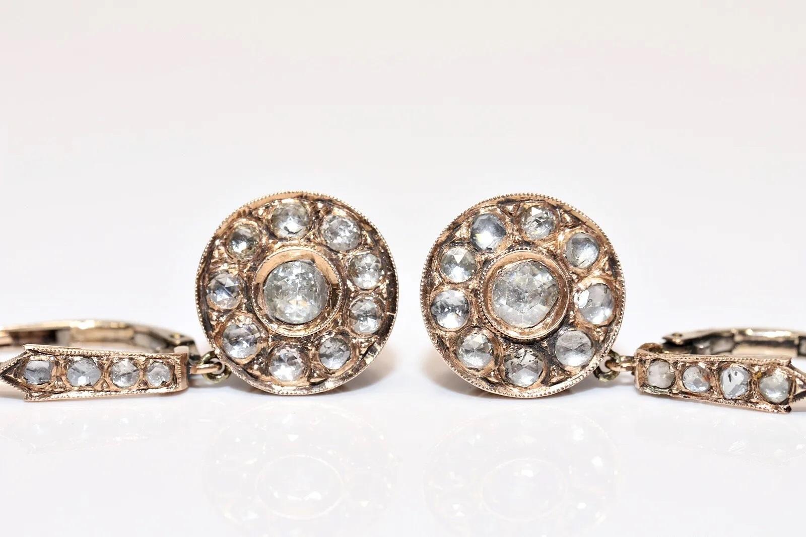 Antiker handgefertigter 9k Gold-Tropfenohrring mit natürlichem Diamanten im Rosenschliff, um 1900 Damen im Angebot