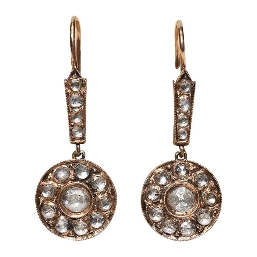 Antiker handgefertigter 9k Gold-Tropfenohrring mit natürlichem Diamanten im Rosenschliff, um 1900