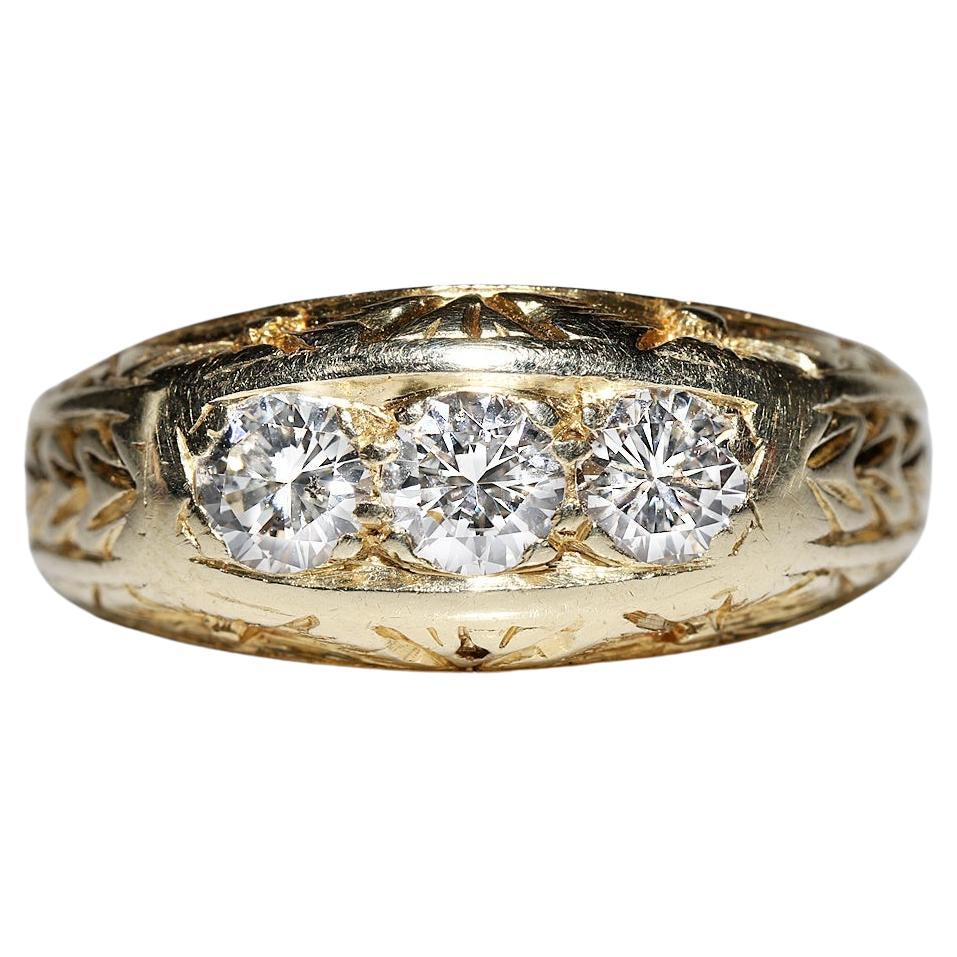 Antique Circa 1900s Handmade 14k Gold Natural Diamond Decorated Band Ring For Sale