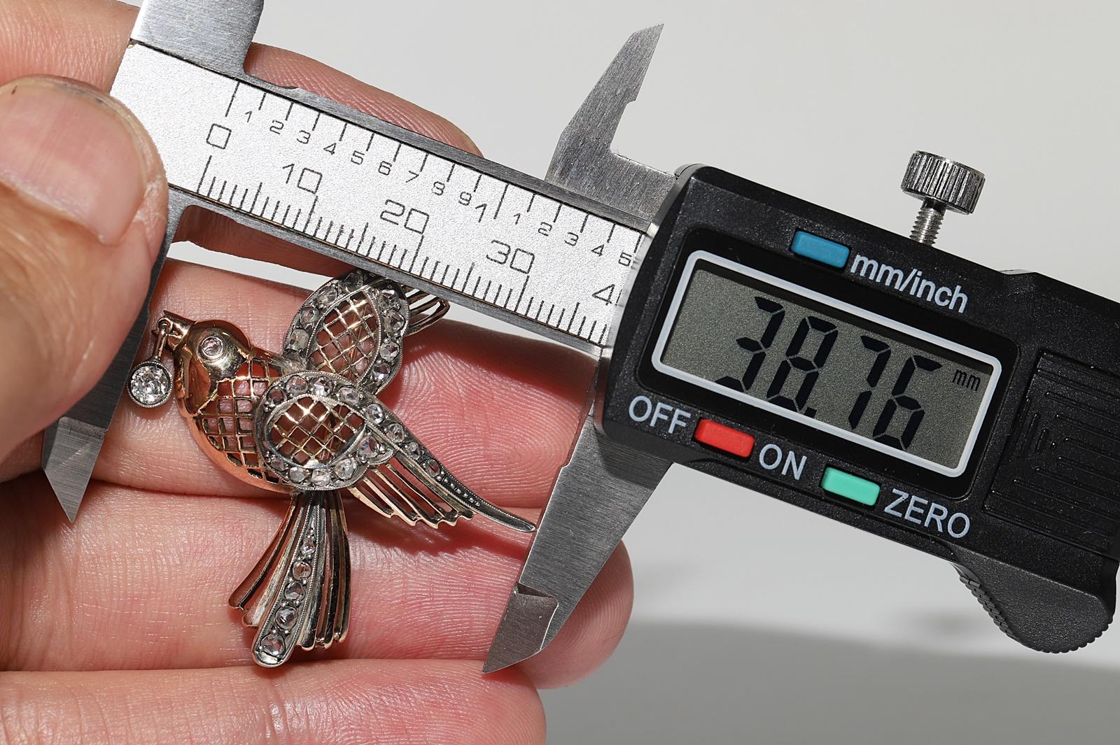 Antique Circa 1900s Handmade 14k Gold Top Silver Natural Diamond  Bird Brooch For Sale 7