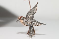 Antique Circa 1900s Handmade 14k Gold Top Silver Natural Diamond  Bird Brooch