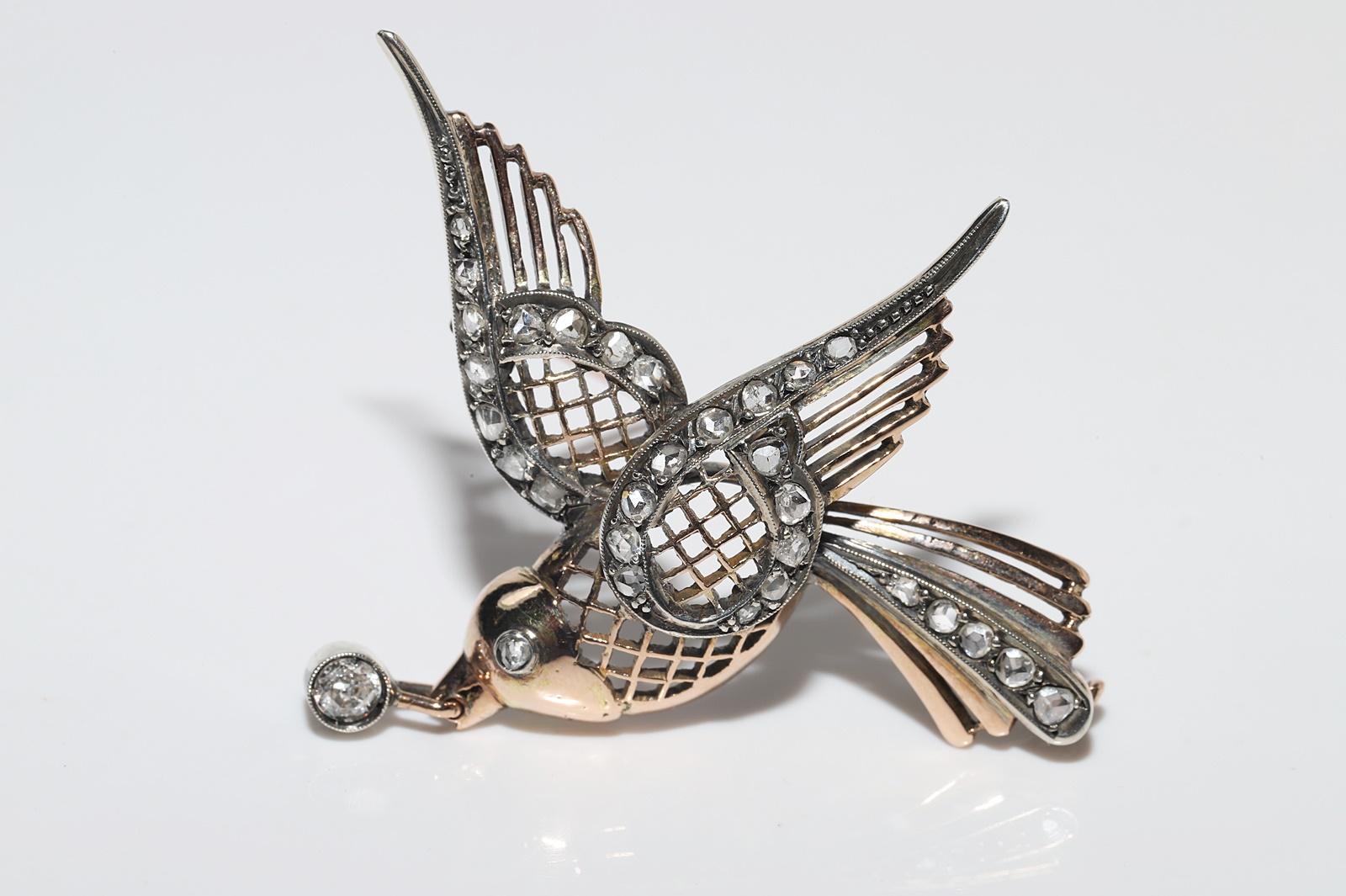 Women's or Men's Antique Circa 1900s Handmade 14k Gold Top Silver Natural Diamond  Bird Brooch For Sale