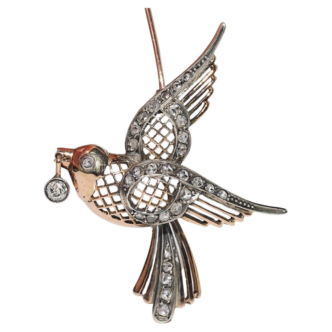 Antique Circa 1900s Handmade 14k Gold Top Silver Natural Diamond  Bird Brooch