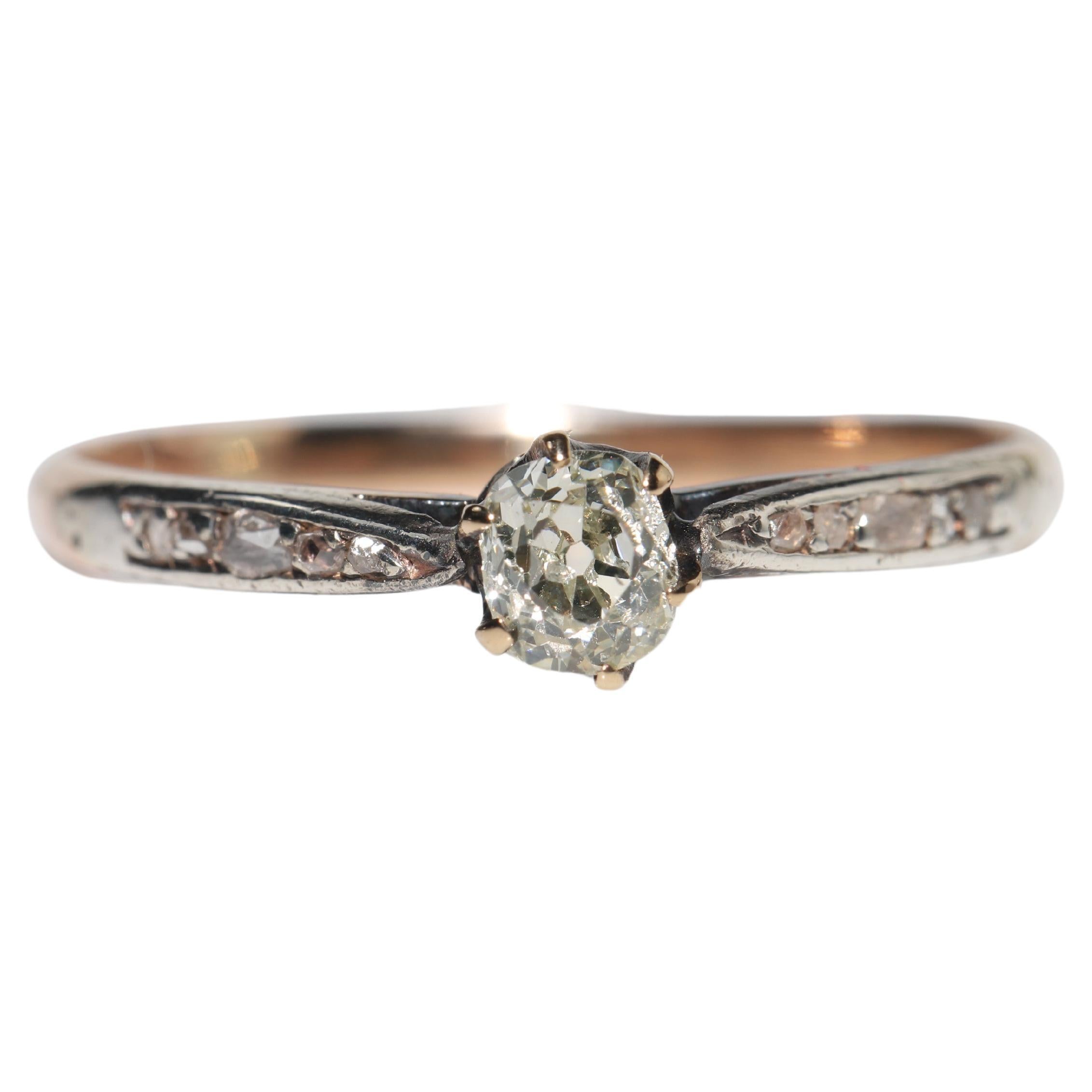 Antique Circa 1900s Handmade  14k Gold Top Silver Natural Diamond Solitaire Ring
