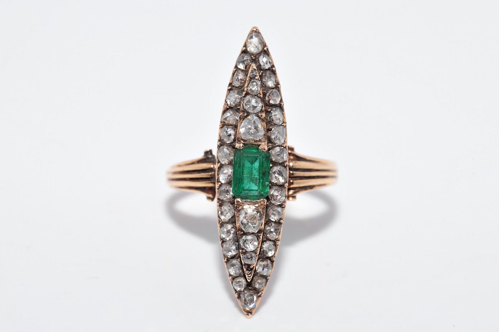 Anello antico CIRCA 1900 con diamante naturale taglio rosa e smeraldo Navette in vendita 4