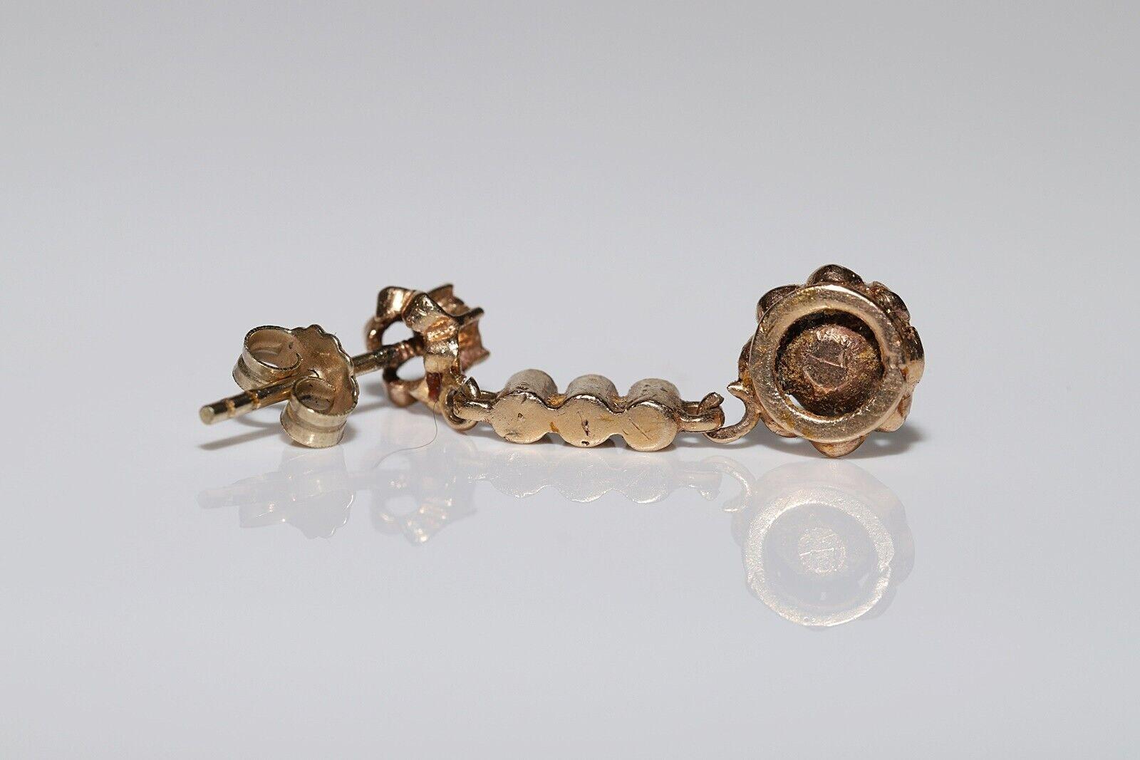 Antique Circa 1900s Ottoman 10K Gold Natural Rose Cut Diamond Drop Earring en venta 4